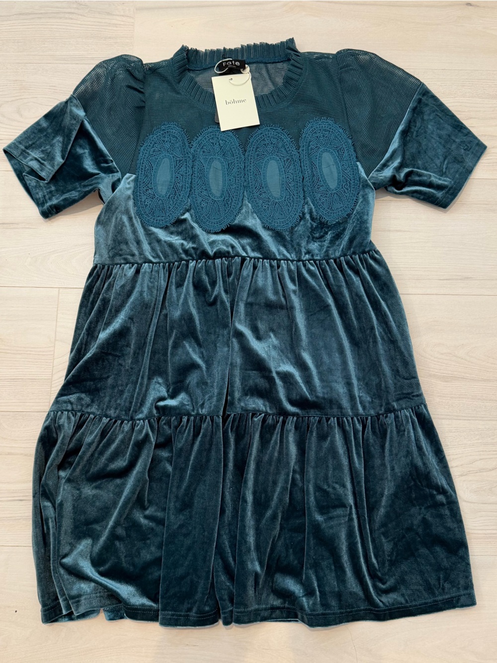 NWT Fate Bohme Velvet Tiered Dress with Crochet Accents